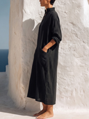 Women Premium Cotton Linen Loose Midi Dress Stand Collar Half Zip Long Sleeve Big Pocket Minimalist Vacation Caftan ZMZ0743G1YZH