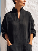 Women Premium Cotton Linen Loose Midi Dress Stand Collar Half Zip Long Sleeve Big Pocket Minimalist Vacation Caftan ZMZ0743G1YZH