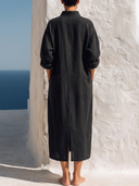 Women Premium Cotton Linen Loose Midi Dress Stand Collar Half Zip Long Sleeve Big Pocket Minimalist Vacation Caftan ZMZ0743G1YZH