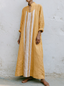 Women Premium Cotton Linen Vertical Stripe Panel Maxi Dress Stand Collar Roll Sleeve Pocket Loose Vacation Caftan Tunic ZMZ0860G6YZH