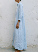 Women Premium Cotton Linen Vertical Stripe Panel Maxi Dress Stand Collar Roll Sleeve Pocket Loose Vacation Caftan Tunic ZMZ0860G6YZH