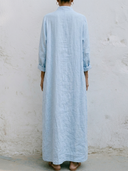 Women Premium Cotton Linen Vertical Stripe Panel Maxi Dress Stand Collar Roll Sleeve Pocket Loose Vacation Caftan Tunic ZMZ0860G6YZH