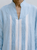 Women Premium Cotton Linen Vertical Stripe Panel Maxi Dress Stand Collar Roll Sleeve Pocket Loose Vacation Caftan Tunic ZMZ0860G6YZH