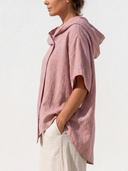 Women Premium Cotton Linen Wrap Blouse Hooded Cowl Neck Short Sleeve Asymmetric Hem Loose Casual Vacation Top ZMZ0781G0YZH