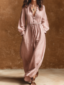 Women's Retro Casual Relaxed Loose Cotton Henley Collar Long Sleeve Maxi Dress ZMZ0908G9ZJY