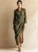 Women's Retro Casual Cotton Linen Collared Button-Down Long-Sleeve Midi Dress ZMZ0996G0ZJY