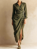 Women's Retro Casual Cotton Linen Collared Button-Down Long-Sleeve Midi Dress ZMZ0996G0ZJY