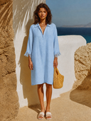 Women's Solid Color Linen Lapel V-neck Straight Mini Dress ZMZ0758G7XT