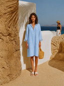 Women's Solid Color Linen Lapel V-neck Straight Mini Dress ZMZ0758G7XT