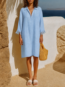 Women's Solid Color Linen Lapel V-neck Straight Mini Dress ZMZ0758G7XT