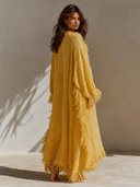 Women's Resort Cotton Linen Tassel Trim V-Neck Long Sleeve Maxi Dress ZMZ0784G0XT
