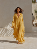 Women's Resort Cotton Linen Tassel Trim V-Neck Long Sleeve Maxi Dress ZMZ0784G0XT