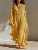 Women's Resort Cotton Linen Tassel Trim V-Neck Long Sleeve Maxi Dress ZMZ0784G0XT