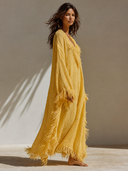Women's Resort Cotton Linen Tassel Trim V-Neck Long Sleeve Maxi Dress ZMZ0784G0XT