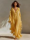 Women's Resort Cotton Linen Tassel Trim V-Neck Long Sleeve Maxi Dress ZMZ0784G0XT