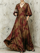 Women's Premium Vintage Cotton-Linen Printed V-Neck Lantern-Sleeve Maxi Dress ZMZ0996G2ZYY