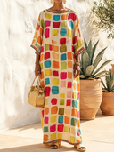 Women's Casual Holiday-Style Round Neck And Short Sleeves Cotton-Linen Printed Loose Maxi Dress ZMZ0945G3ZYY