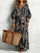 Women's Vintage Casual Cotton-Linen Printed V-Neck Lantern-Sleeve Loose Maxi Dress ZMZ0980G2ZYY