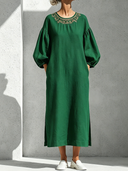 Women's Vintage Casual Embroidered Neckline And Loose Lantern Sleeves Cotton-Linen Midi Dress ZMZ0928G0ZYY