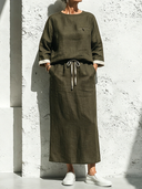 Women's Vintage Casual Cotton-Linen Long-Sleeve Crew-Neck Top And Elastic-Waist Skirt Set ZMZ0947G1ZYY