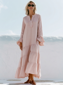 Women Premium Cotton Linen Ruffle V Neck Tiered Maxi Dress Flare Long Sleeve Loose Vacation Boho Tunic ZMZ0939G1YZH