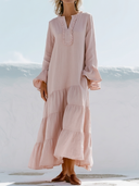 Women Premium Cotton Linen Ruffle V Neck Tiered Maxi Dress Flare Long Sleeve Loose Vacation Boho Tunic ZMZ0939G1YZH