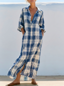 Women Premium Cotton Linen Plaid Print Shirt Maxi Dress Collar Roll Sleeve Side Pocket Split Hem Loose Vacation Tunic ZMZ0933G9YZH