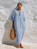 Women's Striped V-Neck Puff-Sleeve Loose Kaftan Maxi Dress ZMZ0961G7XT