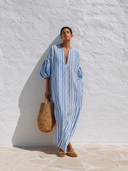 Women's Striped V-Neck Puff-Sleeve Loose Kaftan Maxi Dress ZMZ0961G7XT