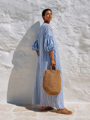 Women's Striped V-Neck Puff-Sleeve Loose Kaftan Maxi Dress ZMZ0961G7XT