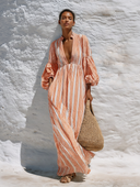 Women's Casual Striped Deep V-Neck Puff-Sleeve Maxi Dress ZMZ0932G8XT