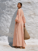 Women's Casual Striped Deep V-Neck Puff-Sleeve Maxi Dress ZMZ0932G8XT