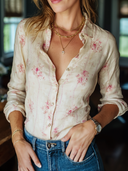 Women's Retro Casual Printed Cotton Collared Long-Sleeve Shirt ZMZ0964G2ZJY