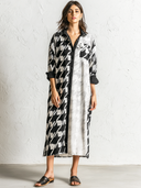 Women's Retro Casual Houndstooth Print Collared Shirt Long Sleeve Maxi Dress ZMZ0983G8ZJY
