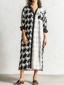 Women's Retro Casual Houndstooth Print Collared Shirt Long Sleeve Maxi Dress ZMZ0983G8ZJY
