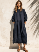 Women's Retro Casual Solid Color Cotton Linen Frayed Round Neck Three-Quarter Sleeve Midi Dress ZMZ0903G0ZJY