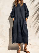 Women's Retro Casual Solid Color Cotton Linen Frayed Round Neck Three-Quarter Sleeve Midi Dress ZMZ0903G0ZJY