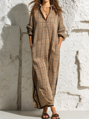 Women's Retro Casual Plaid Print Lapel Long Sleeve Maxi Dress ZMZ0914G9ZJY