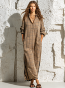 Women's Retro Casual Plaid Print Lapel Long Sleeve Maxi Dress ZMZ0914G9ZJY