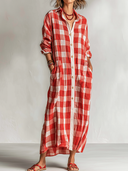Women's Retro Casual Plaid Cotton Linen Collared Button-Up Shirt Long Sleeve Maxi Dress ZMZ0974G0ZJY