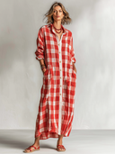 Women's Retro Casual Plaid Cotton Linen Collared Button-Up Shirt Long Sleeve Maxi Dress ZMZ0974G0ZJY