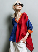 Women's Fashionable Casual Color-Block Panel Design Cotton LinenV-Neck Long-Sleeve Shirt ZMZ0893G5ZYY