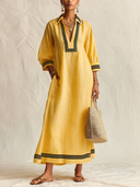 Women's Vintage Yellow Cotton-linen V-neck Three-quarter Sleeve Maxi Dress ZMZ0937G0SWL