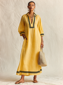 Women's Vintage Yellow Cotton-linen V-neck Three-quarter Sleeve Maxi Dress ZMZ0937G0SWL