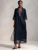 Women's Vintage Navy Blue Cotton-linen V-neck Three-quarter Sleeve Maxi Dress ZMZ0921G3SWL