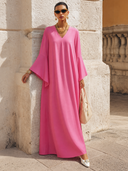 Women's Classic Pink Matte Satin V-neck Loose Maxi Dress ZMZ0929G3SWL