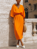 Women's Classic Orange Cotton-Linen V-Neck 3/4 Sleeve Top And Elastic-Waist Skirt Set ZMZ0910G3SWL