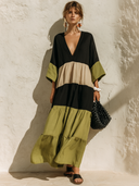 Women's Casual Vacation-Style Cotton-Linen Color-Block V-Neck Flare-Sleeve Maxi Dress ZMZ0279G3ZYY