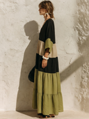 Women's Casual Vacation-Style Cotton-Linen Color-Block V-Neck Flare-Sleeve Maxi Dress ZMZ0279G3ZYY