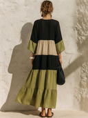 Women's Casual Vacation-Style Cotton-Linen Color-Block V-Neck Flare-Sleeve Maxi Dress ZMZ0279G3ZYY